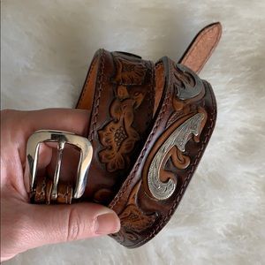 Lary mahans leather embroidered belt silver accent